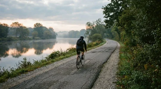 Un cycliste roule de dos sur une piste cyclable longeant la Marne, lumière douce du matin filtrant à travers les arbres