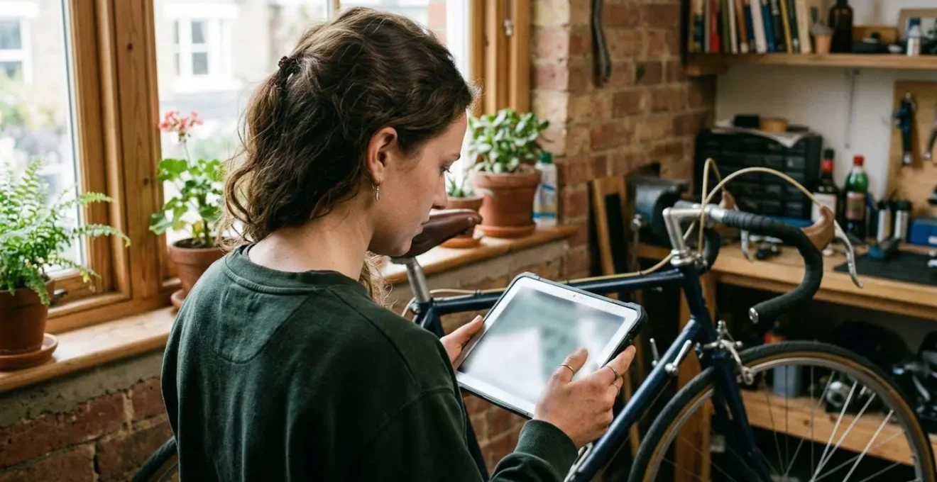 Une personne consulte un document sur tablette près d'un vélo, expression pensive, cadrage par-dessus l'épaule