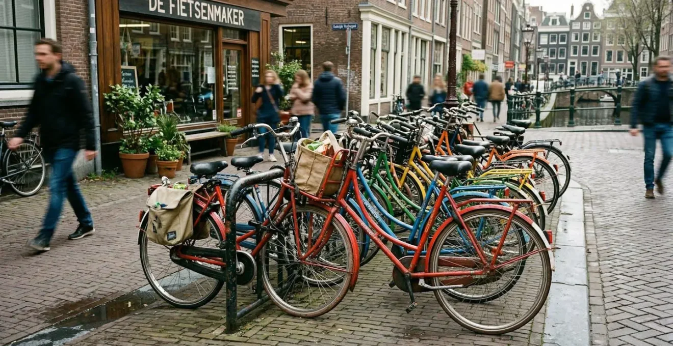 Plusieurs vélos hollandais de différentes couleurs alignés devant une devanture, passants floutés en arrière-plan