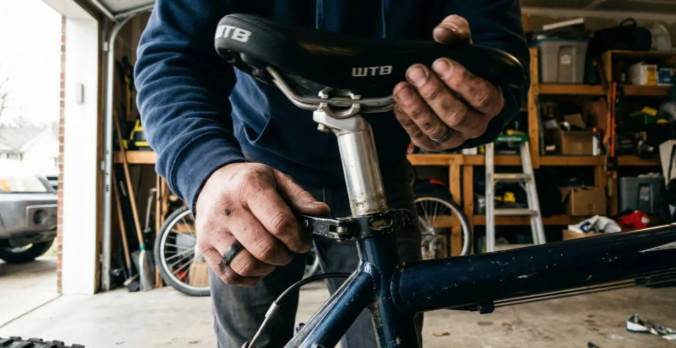 Gros plan sur des mains ajustant la hauteur de selle d'un vélo dans un garage, lumière naturelle venant de la porte ouverte